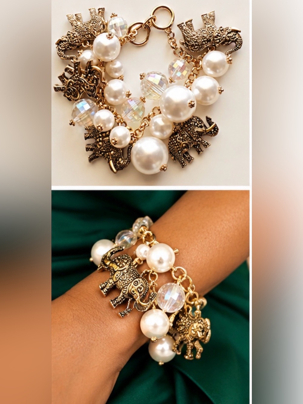 Gold Elephant Charm Pearl Bracelet - White Pearls